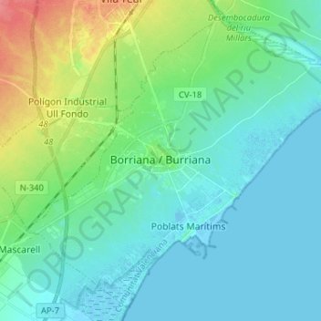 Borriana / Burriana topographic map, elevation, terrain