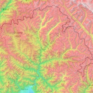 Dibang Valley district topographic map, elevation, terrain