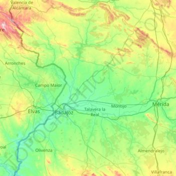 Tierra de Badajoz topographic map, elevation, terrain