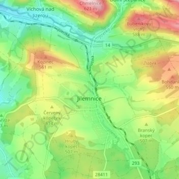 Jilemnice topographic map, elevation, terrain