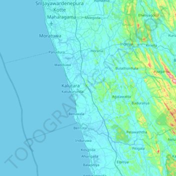Kalutara District topographic map, elevation, terrain