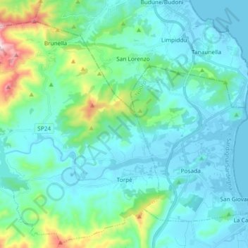 Torpè topographic map, elevation, terrain