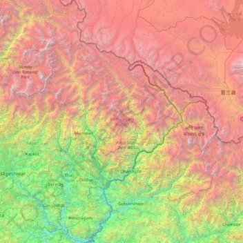 Pithoragarh district topographic map, elevation, terrain
