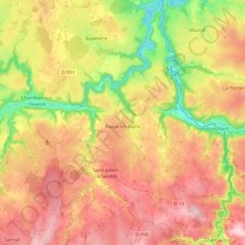 Évaux-les-Bains topographic map, elevation, terrain