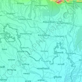 Cooch Behar District topographic map, elevation, terrain