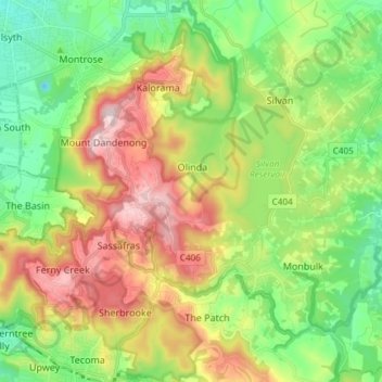 Dandenong Ranges National Park topographic map, elevation, terrain