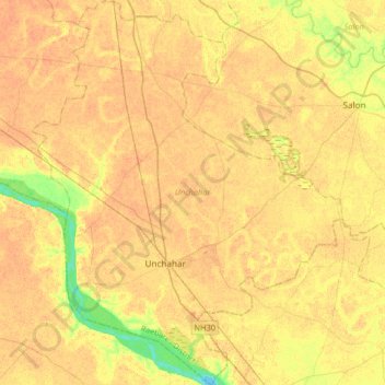 Unchahar topographic map, elevation, terrain
