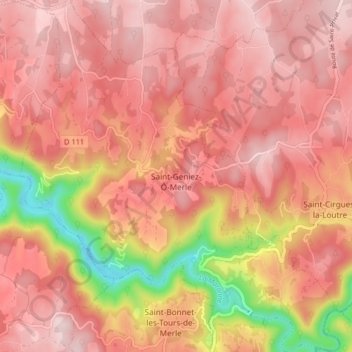 Saint-Geniez-ô-Merle topographic map, elevation, terrain