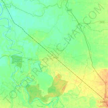 Hojai topographic map, elevation, terrain