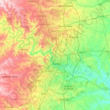Travis County topographic map, elevation, terrain