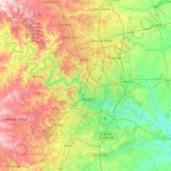 Travis County topographic map, elevation, terrain