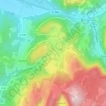 Mérignat topographic map, elevation, terrain