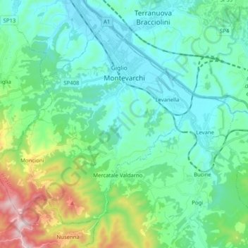 Montevarchi topographic map, elevation, terrain