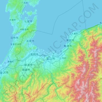 富山県 topographic map, elevation, terrain