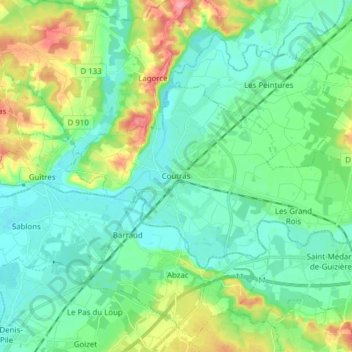 Coutras topographic map, elevation, terrain