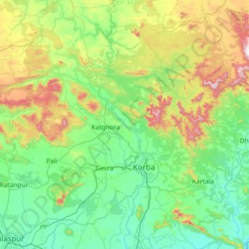 Korba District topographic map, elevation, terrain