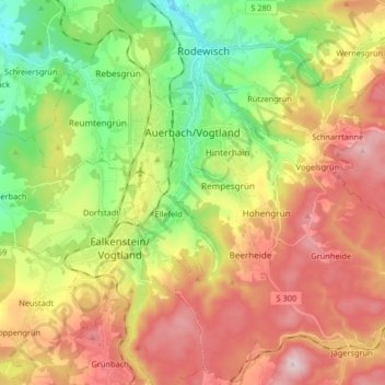 Auerbach/Vogtland topographic map, elevation, terrain