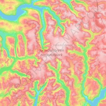 Jostedalsbreen nasjonalpark topographic map, elevation, terrain