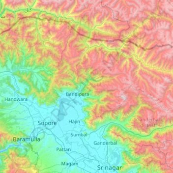 Bandipore District topographic map, elevation, terrain