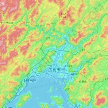 広島市 topographic map, elevation, terrain