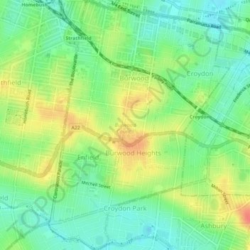 Burwood Council topographic map, elevation, terrain