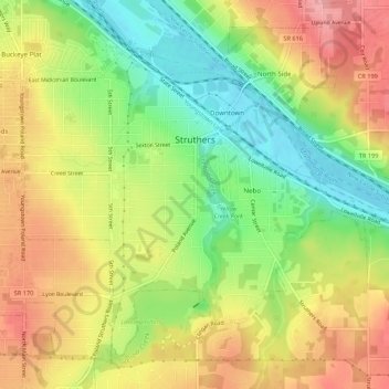 Struthers topographic map, elevation, terrain