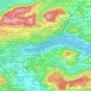 Wörthersee topographic map, elevation, terrain