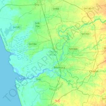Gandevi Taluka topographic map, elevation, terrain