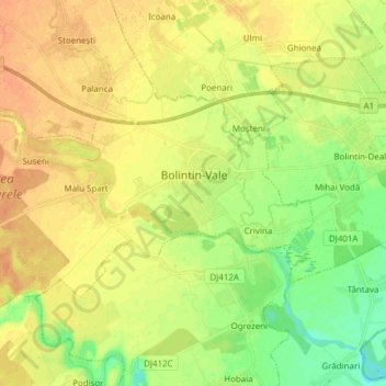 Bolintin-Vale topographic map, elevation, terrain