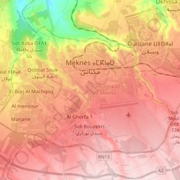 Mequinez topographic map, elevation, terrain