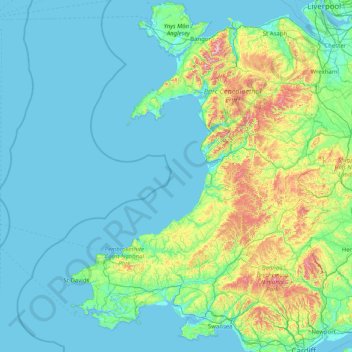 West Wales and the Valleys topographic map, elevation, terrain