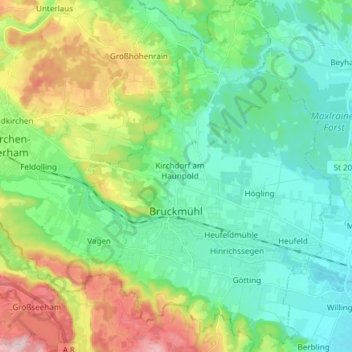 Bruckmühl topographic map, elevation, terrain