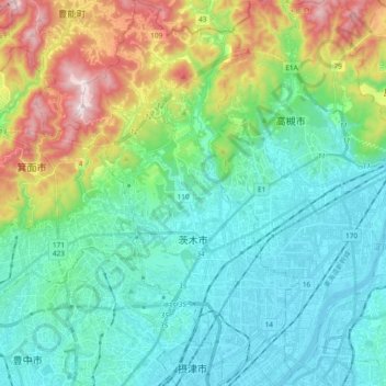 茨木市 topographic map, elevation, terrain