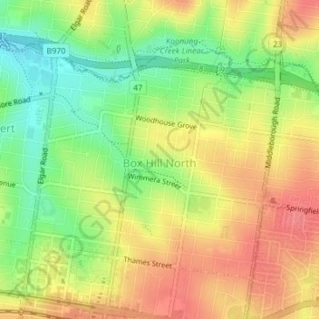 Box Hill North topographic map, elevation, terrain