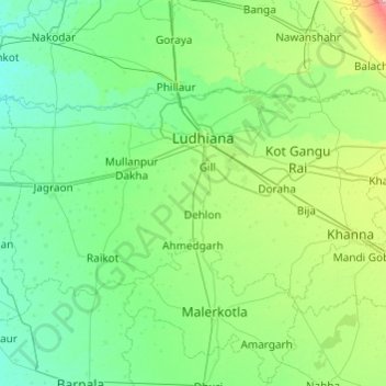 Ludhiana District topographic map, elevation, terrain