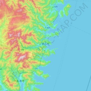 Kamaishi topographic map, elevation, terrain