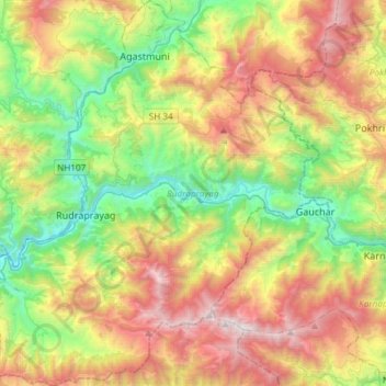 Rudraprayag topographic map, elevation, terrain