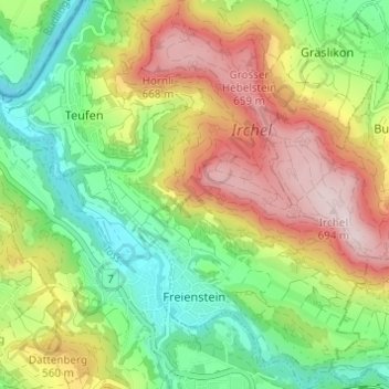 Freienstein-Teufen topographic map, elevation, terrain