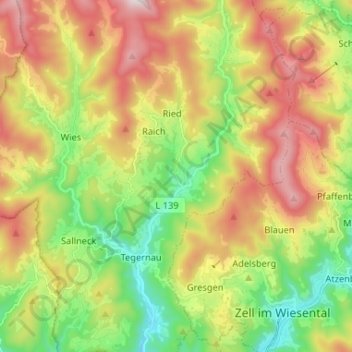 Tegernau topographic map, elevation, terrain