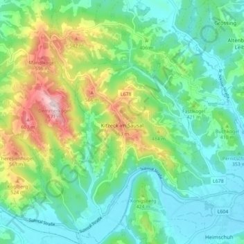 Kitzeck im Sausal topographic map, elevation, terrain