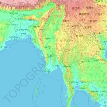 Myanmar topographic map, elevation, terrain
