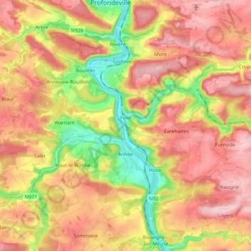 Yvoir topographic map, elevation, terrain