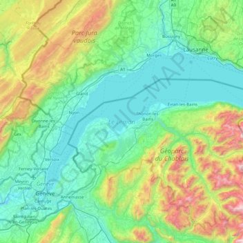 Meer van Genève topographic map, elevation, terrain
