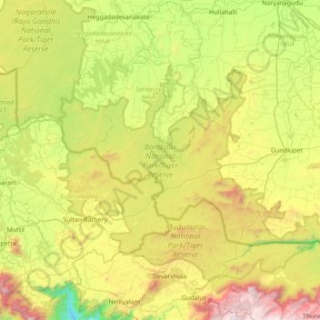 Bandipur National Park/Tiger Reserve topographic map, elevation, terrain