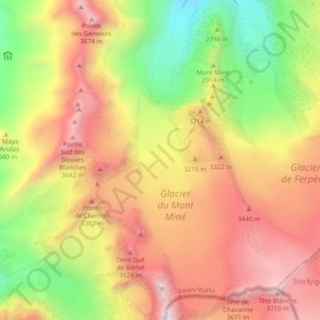 Mont-Miné-Gletscher topographic map, elevation, terrain
