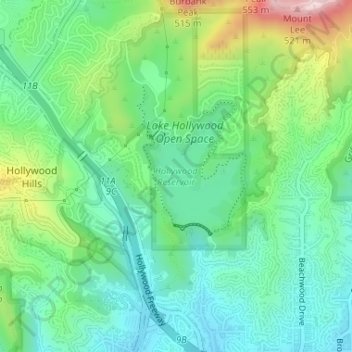 Hollywood Reservoir topographic map, elevation, terrain