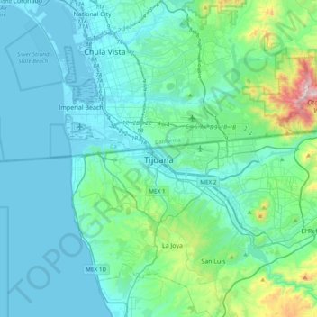 Tijuana topographic map, elevation, relief
