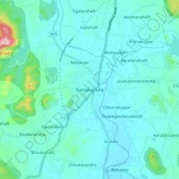 Kanakapura topographic map, elevation, relief