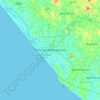 Thiruvananthapuram topographic map, elevation, relief