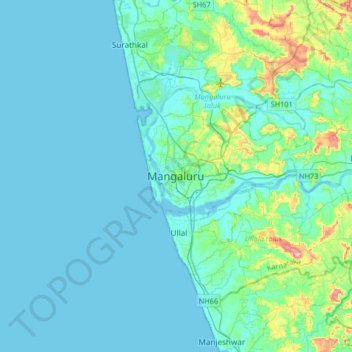 Mangaluru topographic map, elevation, relief